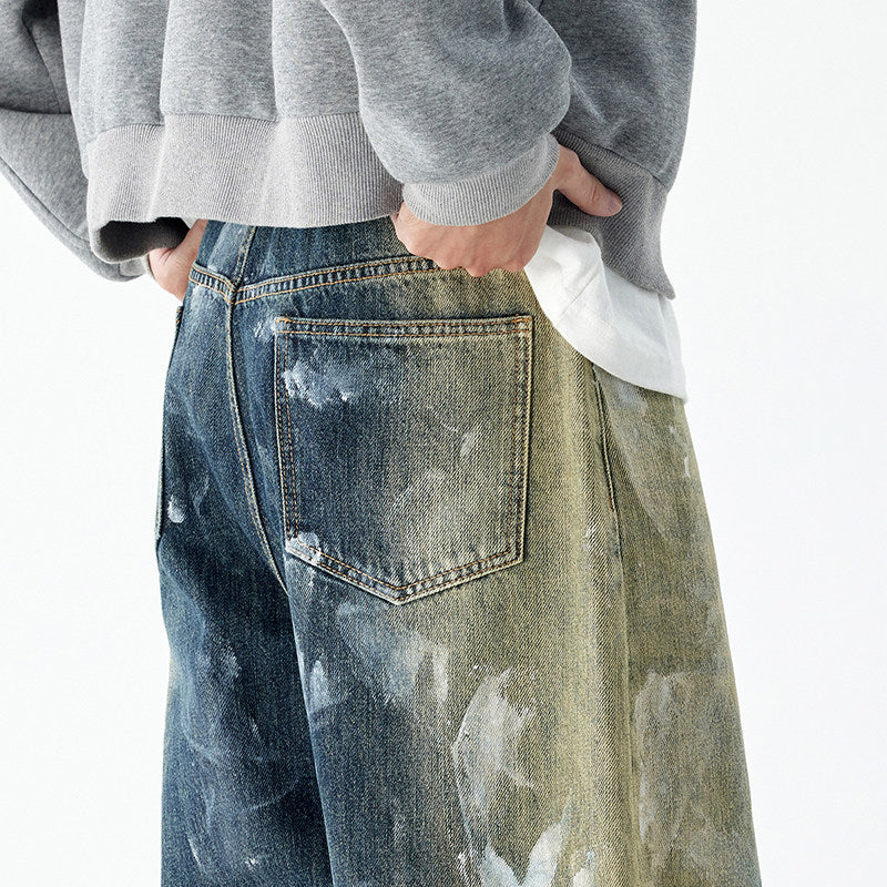 Color-blocking loose straight jeans pants