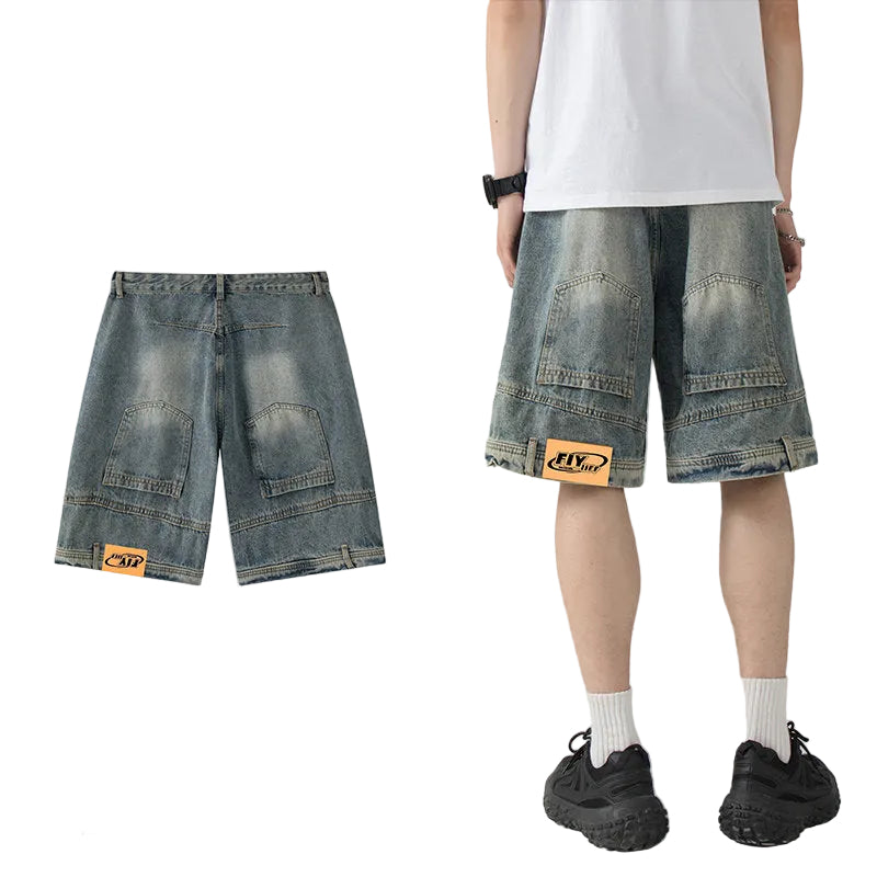 Distressed upside down men denim shorts jeans