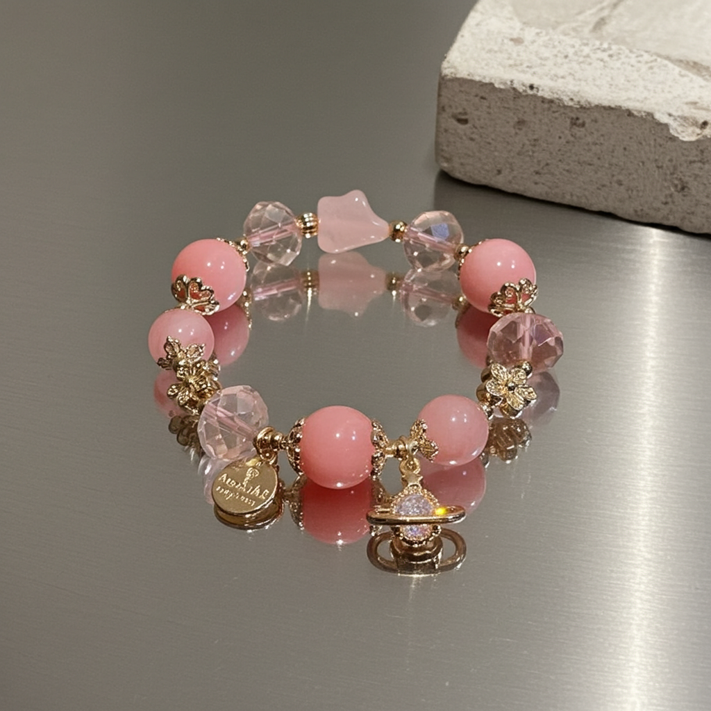 Cream Peach Blossom Strawberry Bracelet