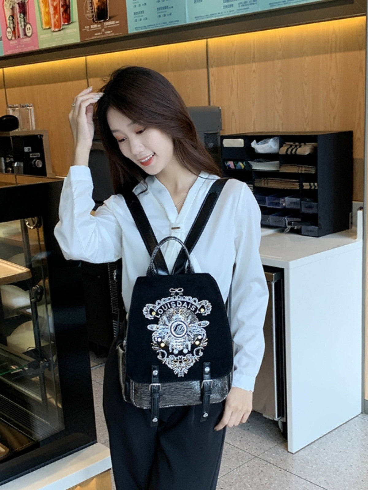 Genuine leather embroidery leather backpack large capacity travel bag