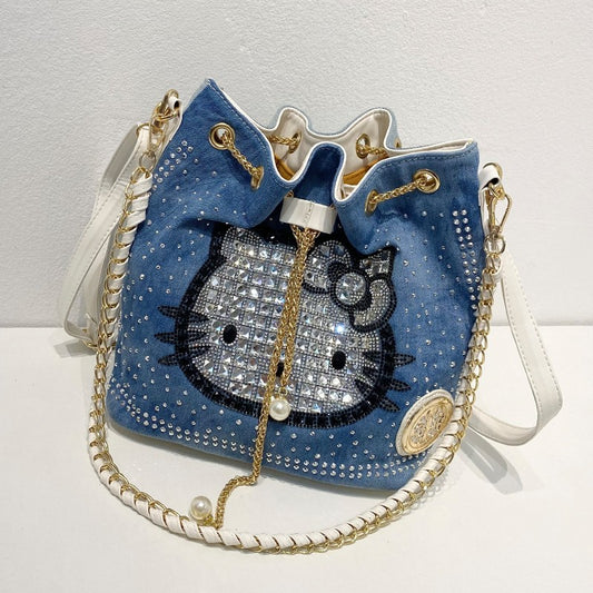 Denim diamond chain hand-held cross-body bucket bag