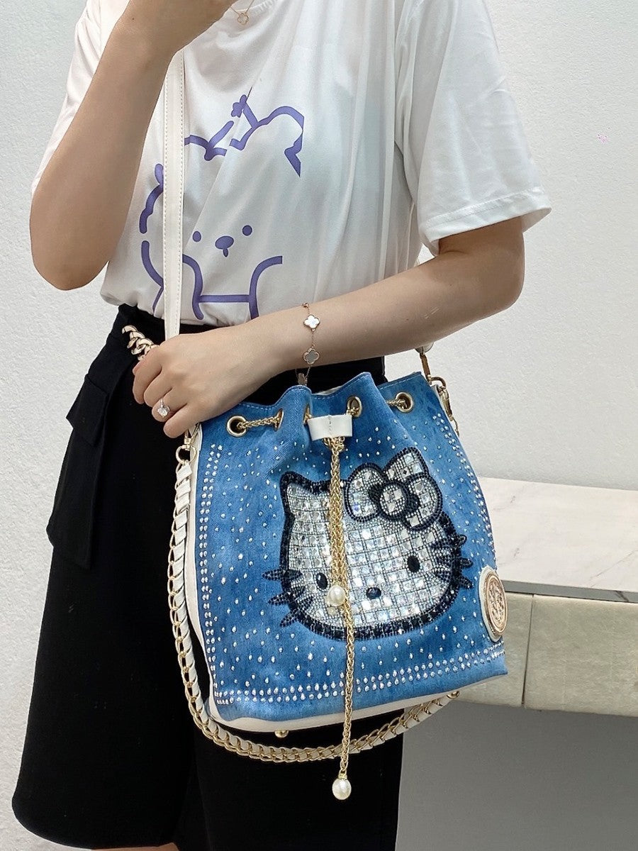 Denim diamond chain hand-held cross-body bucket bag