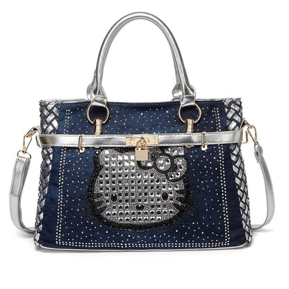 Denim diamond chain hand-held cross-body bucket bag