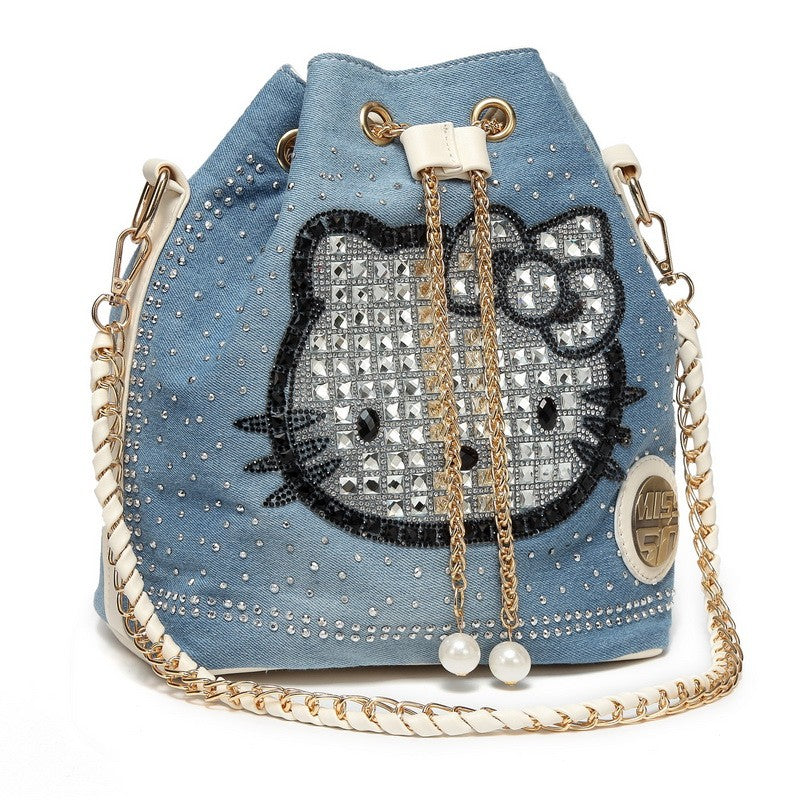 Denim diamond chain hand-held cross-body bucket bag