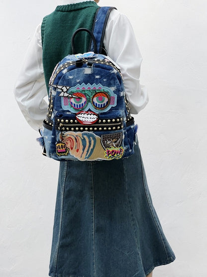 Denim bag washed backpack butterfly rivets lightning lips backpack