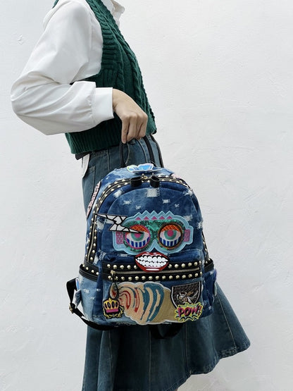 Denim bag washed backpack butterfly rivets lightning lips backpack