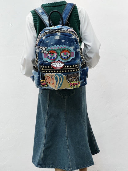 Denim bag washed backpack butterfly rivets lightning lips backpack