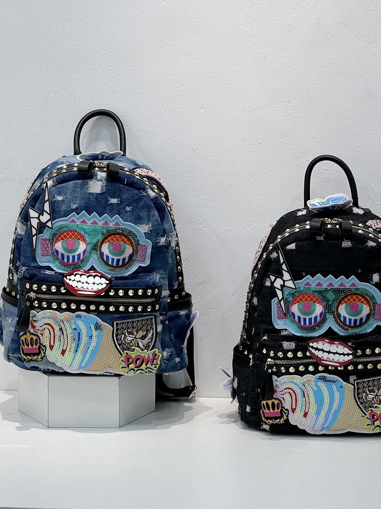 Denim bag washed backpack butterfly rivets lightning lips backpack