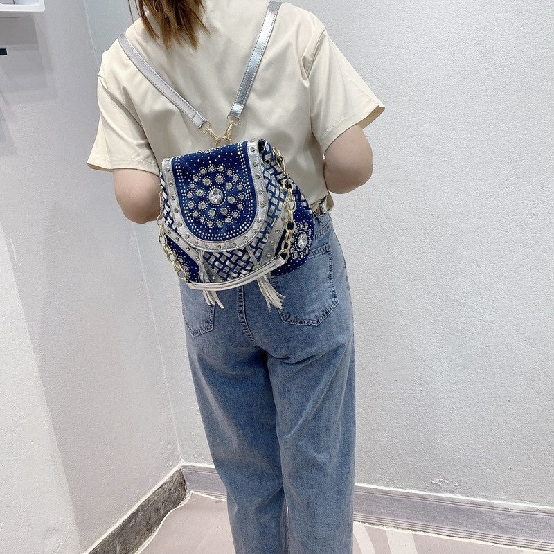 Denim diamond woven backpack single shoulder crossbody hand chain bag