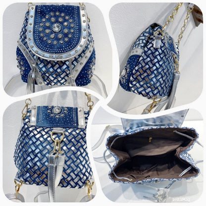 Denim diamond woven backpack single shoulder crossbody hand chain bag