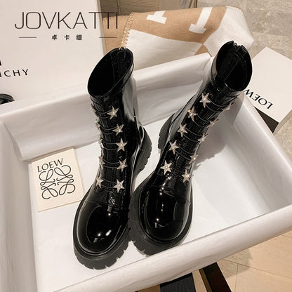 Thick-soled boots for women patent leather star rhinestone boots