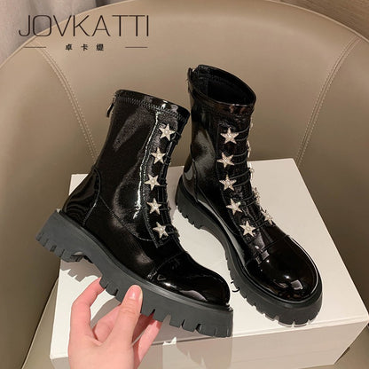 Thick-soled boots for women patent leather star rhinestone boots