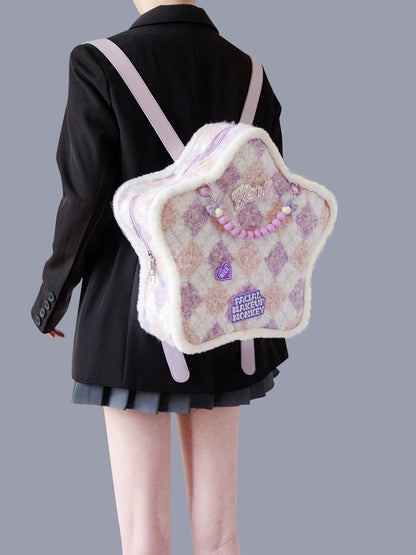 Pink purple plaid star backpack cream cute shoulder bag