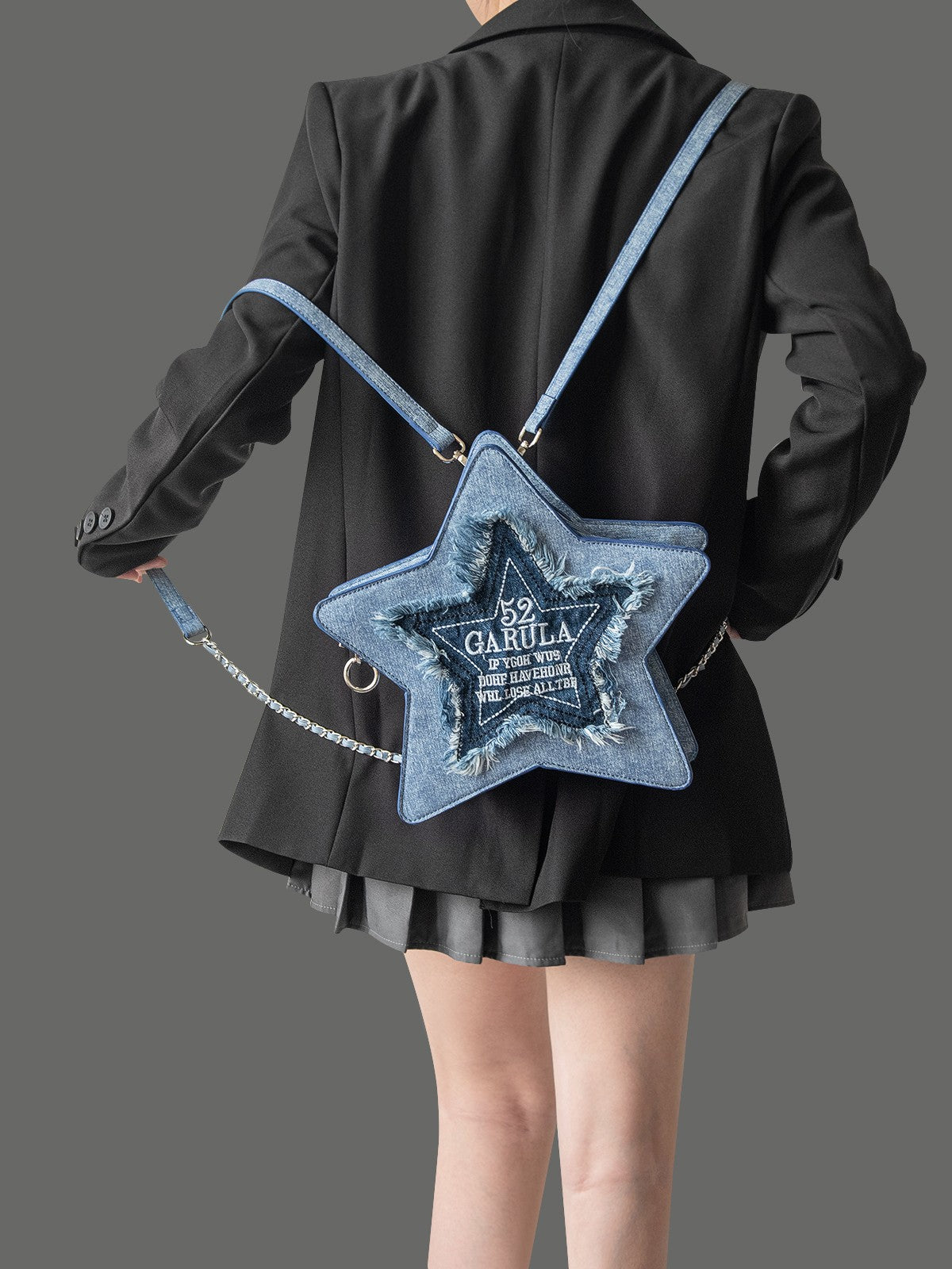 Star denim blue backpack embroidered letter tassel crossbody bag