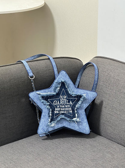 Star denim blue backpack embroidered letter tassel crossbody bag