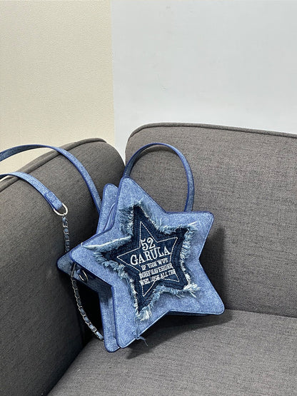 Star denim blue backpack embroidered letter tassel crossbody bag