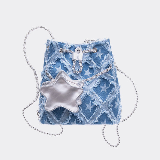 Original star design denim bucket backpack chain bag