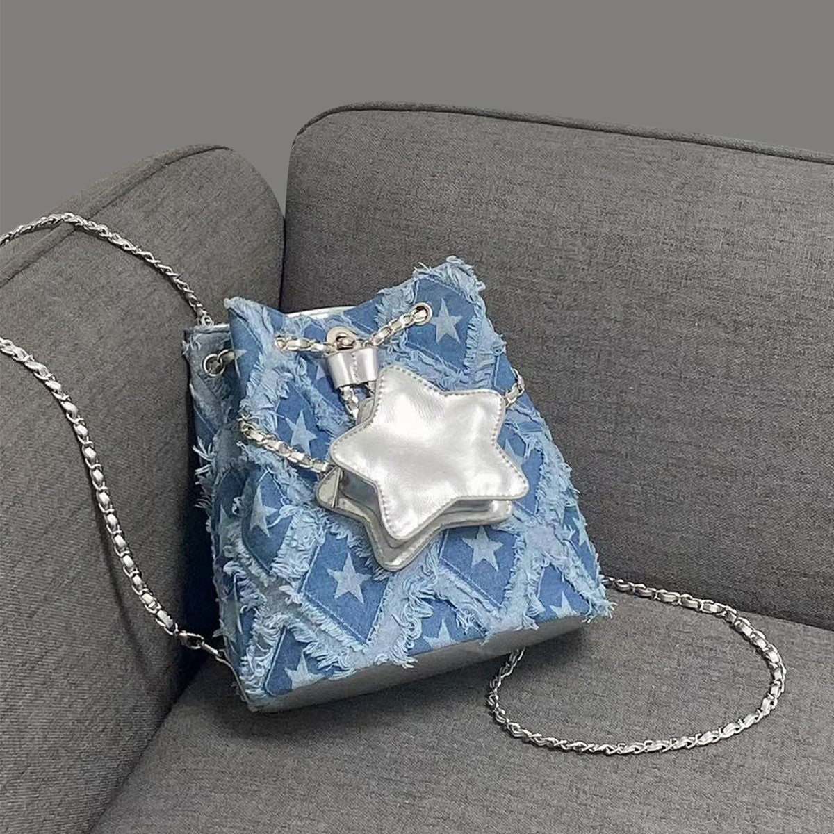 Original star design denim bucket backpack chain bag