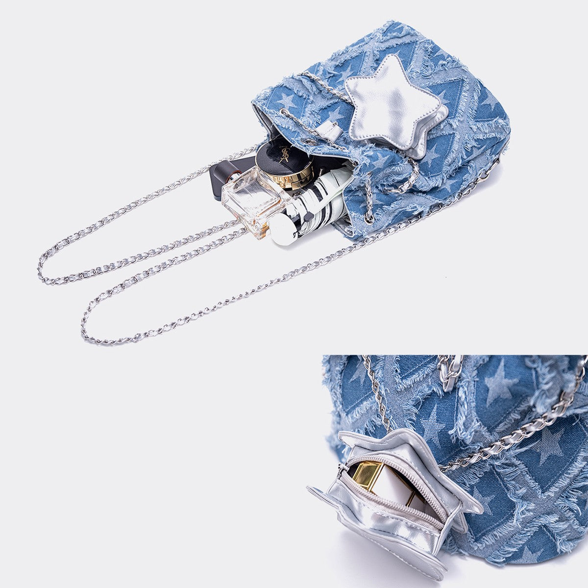 Original star design denim bucket backpack chain bag