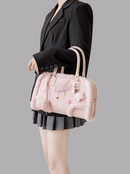 Pink Pendant Boston Plush Handheld Crossbody Bag