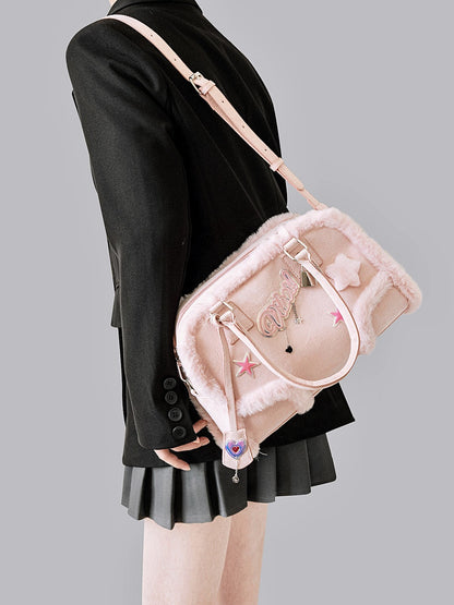 Pink Pendant Boston Plush Handheld Crossbody Bag