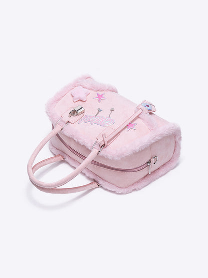 Pink Pendant Boston Plush Handheld Crossbody Bag