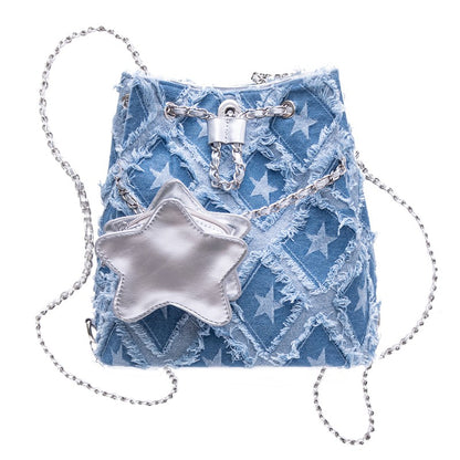 Original star design denim bucket backpack chain bag