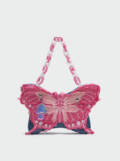 Butterfly denim shoulder crossbody handbag