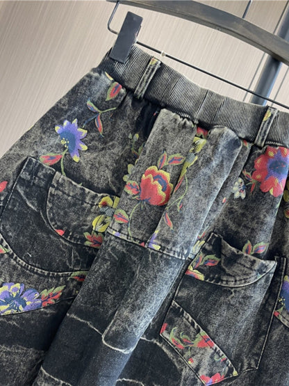 Drop crotch pants large size floral print denim harem baggy pants