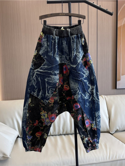 Drop crotch pants large size floral print denim harem baggy pants