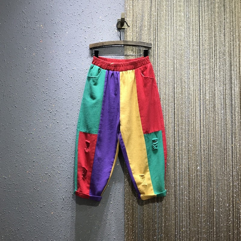 Multicoloured Elastic Waist Loose baggi Denim Pants