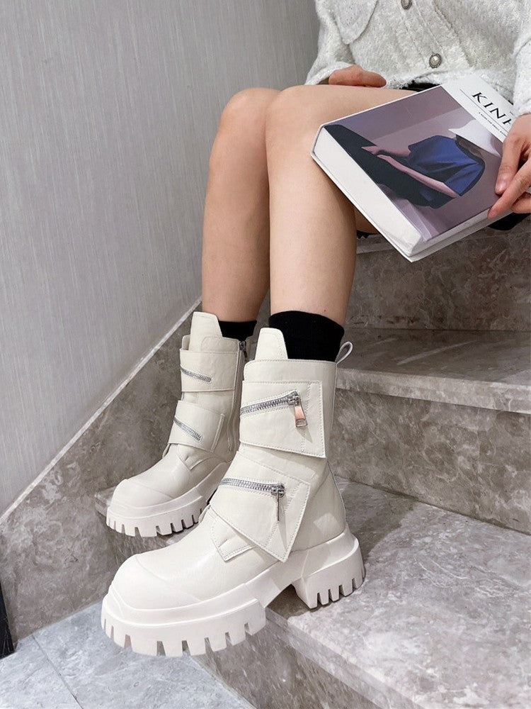 Leather zipper, thick bottomed sponge boots