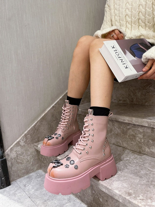 Pink lace up shoe ladies genuine leather Cotton Boots