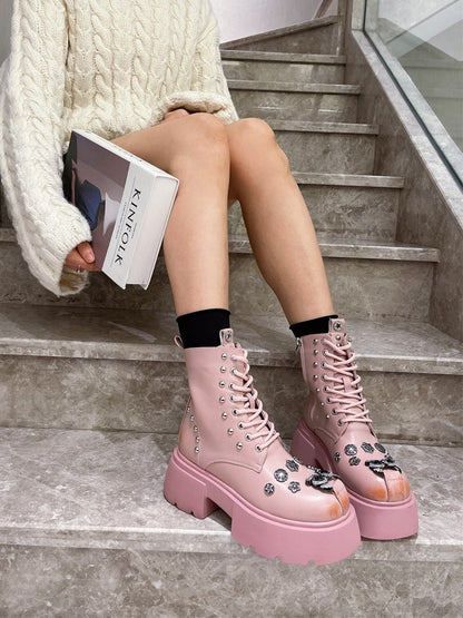 Pink lace up shoe ladies genuine leather Cotton Boots