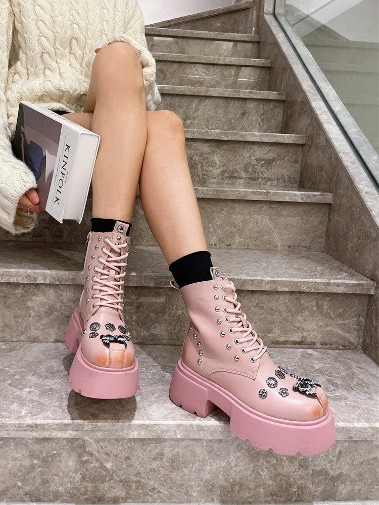 Pink lace up shoe ladies genuine leather Cotton Boots