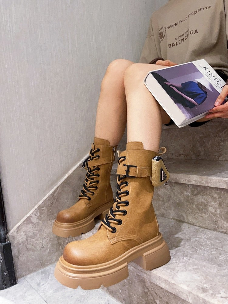 Bag Motorcycle Boots Mid tube Boots Strap Women's Shoes