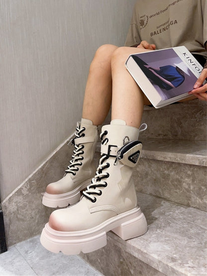 Bag Motorcycle Boots Mid tube Boots Strap Women's Shoes