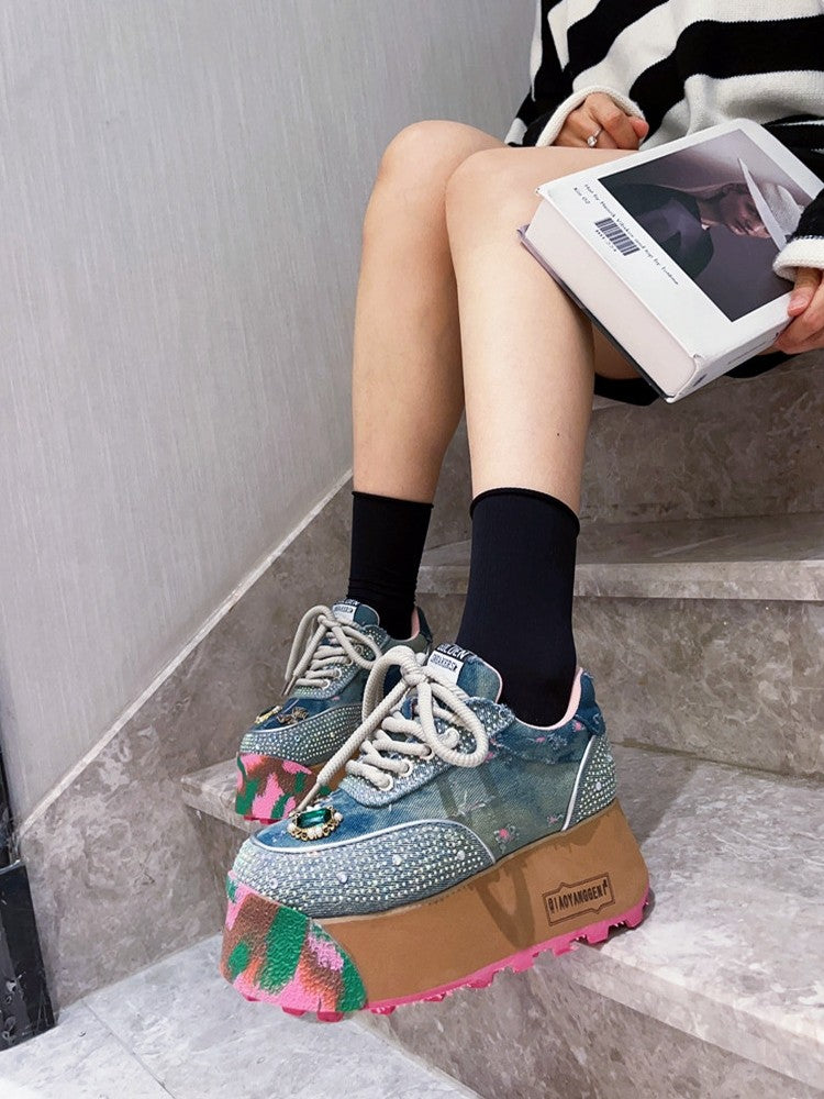 Distressed denim rhinestone fashion wedge sneakers