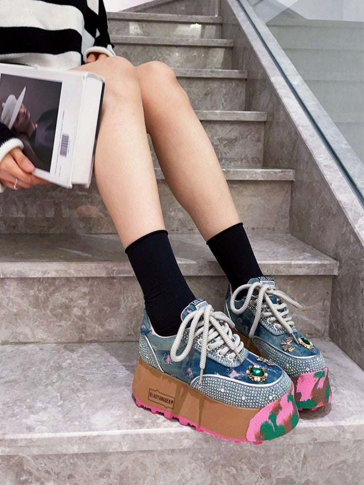 Distressed denim rhinestone fashion wedge sneakers