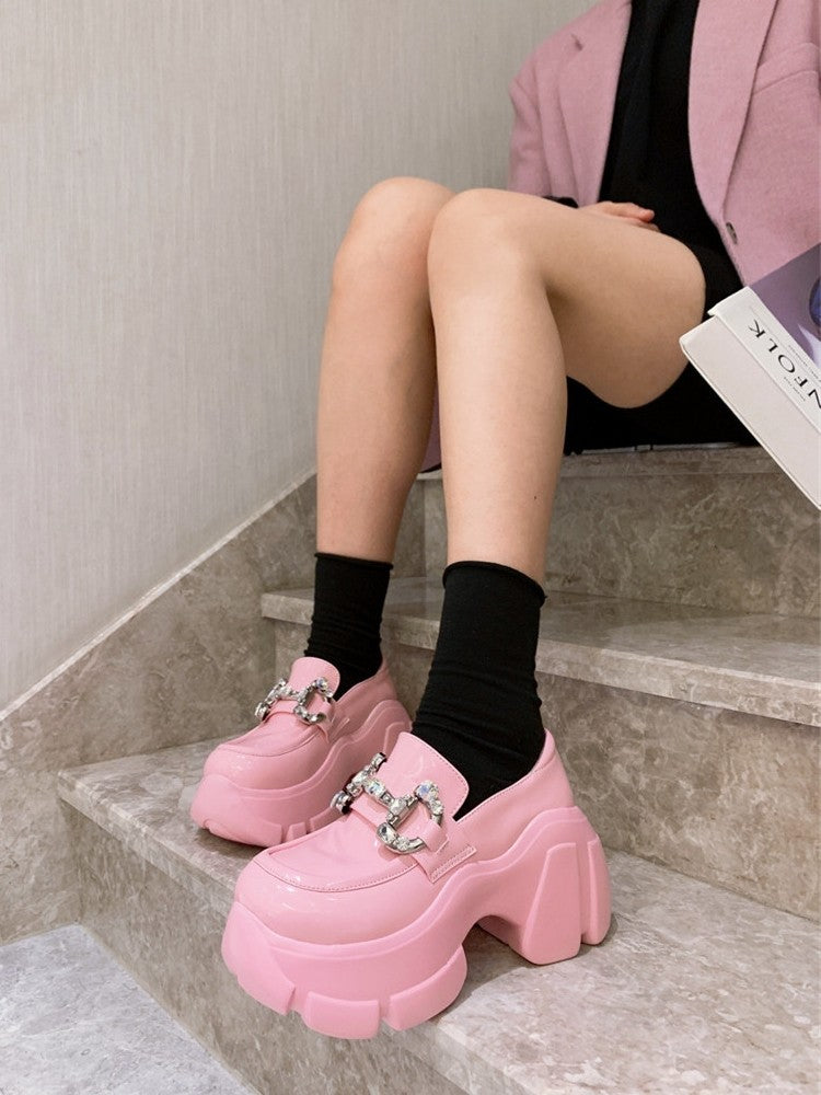 Pink chunky leather rhinestone buckle shoes