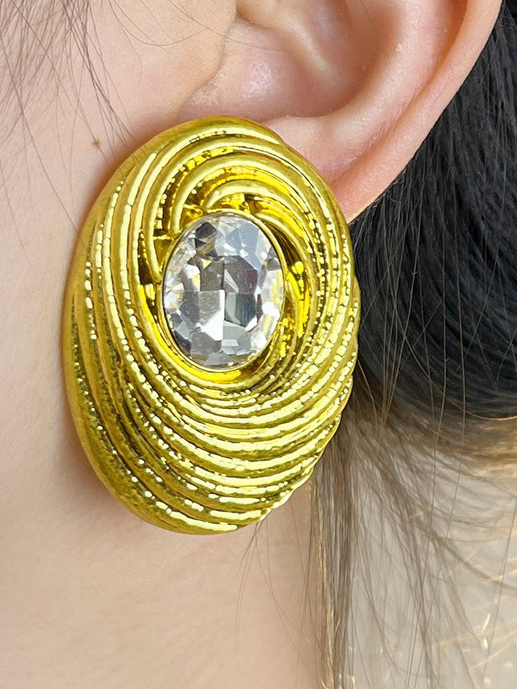 Grove retro rhinestone cocoon shaped metal ear clip earrings