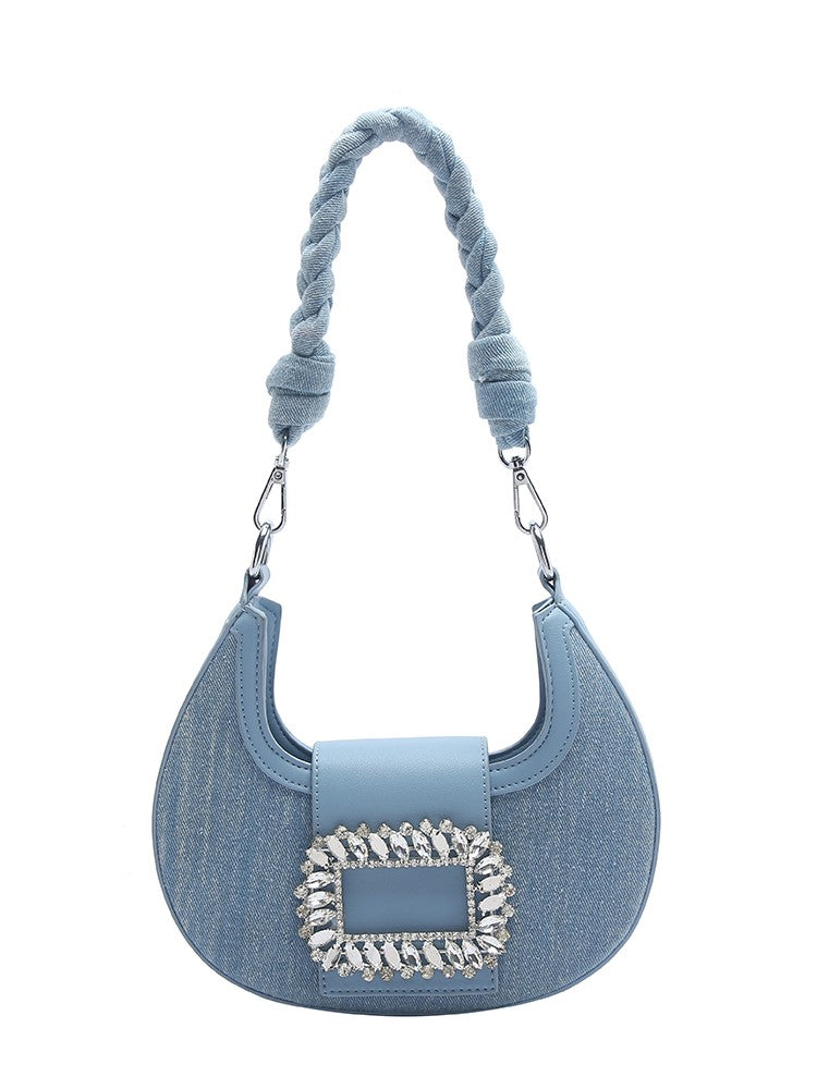 Denim rhinestone armpit hand bag for women baguette bag