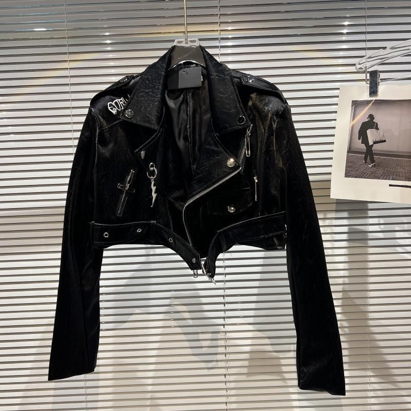 Motorcycle Spicy Girl Letter Embroidery PU Leather Women Coat Jacket