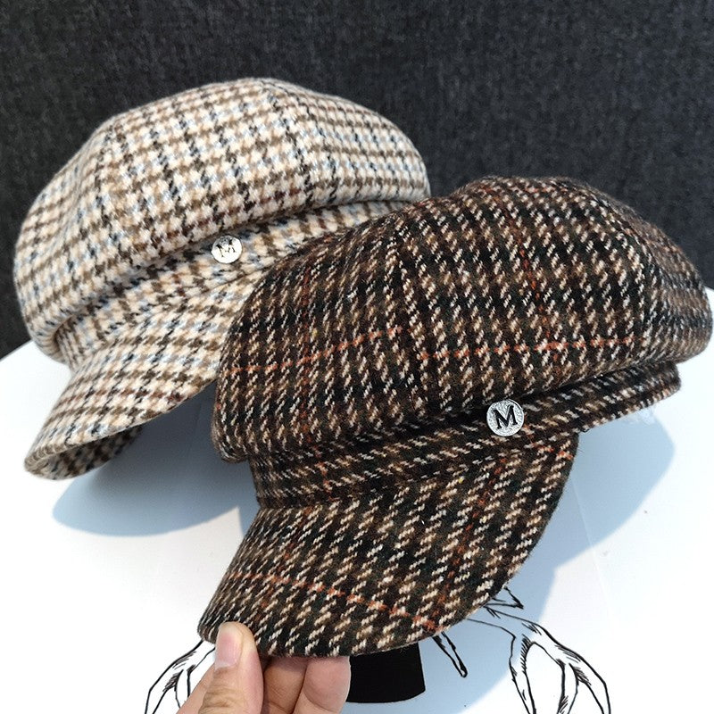 Trendy Wool Plaid British Street Duck Tongue Octagonal Hat