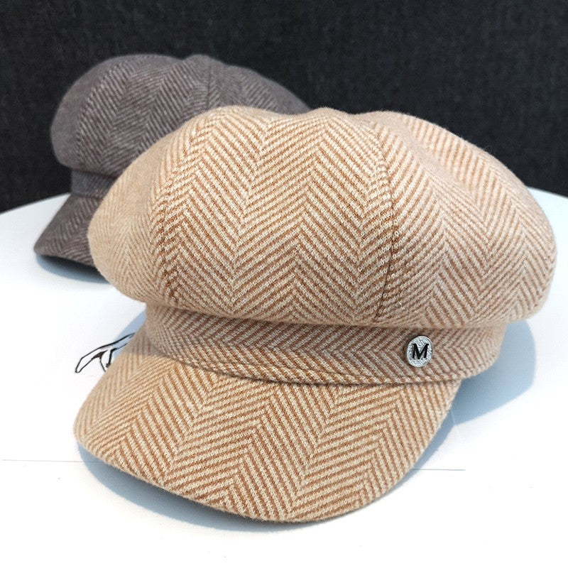 Trendy Wool Plaid British Street Duck Tongue Octagonal Hat