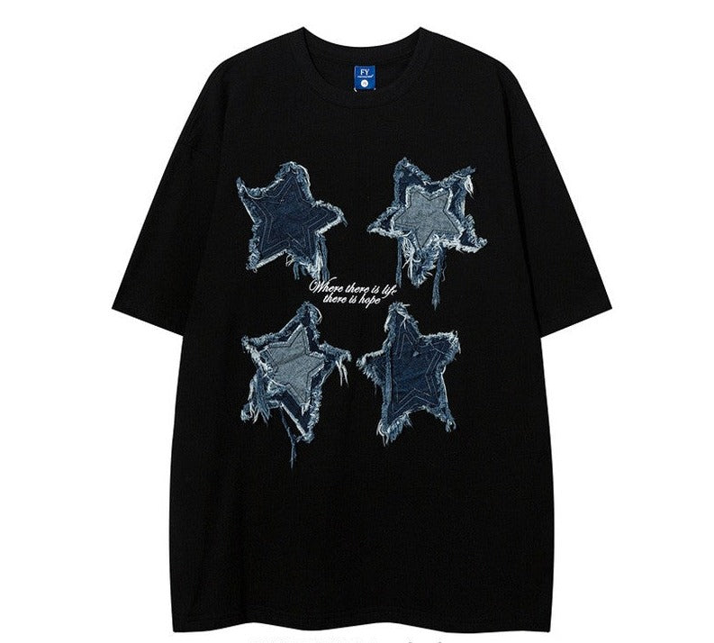 Five-pointed star patch embroidered short-sleeved T-shirt