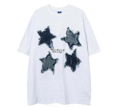 Five-pointed star patch embroidered short-sleeved T-shirt