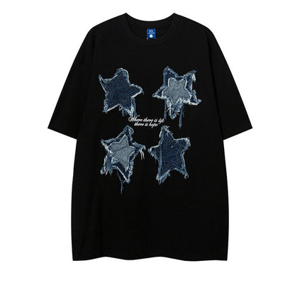 Five-pointed star patch embroidered short-sleeved T-shirt