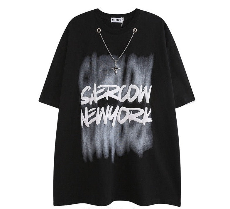 Blur print t-shirts casual loose t-shirt necklace unisex tee