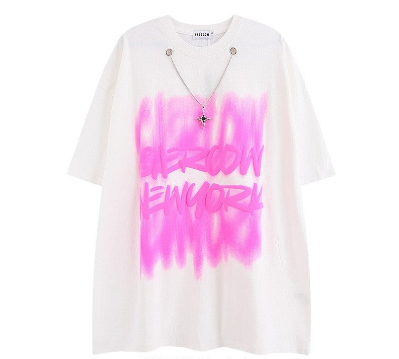 Blur print t-shirts casual loose t-shirt necklace unisex tee